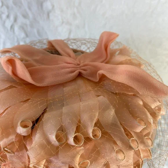 Vintage 1960s Skol Nips by Max Skolnick Peach Ribbon Whimsy Hat Curly Q's net - Picture 3 of 9